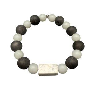 Matte Black & White Beaded Stretch Bracelet Rectangular Stone Modernlook